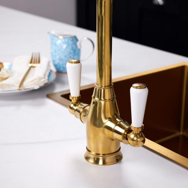 Flode Halden | Dual Lever Kitchen Sink Mixer Tap with Swivel Spout | Polished Brass Finish