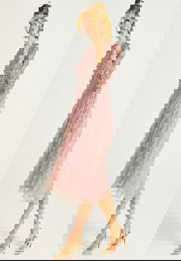 Embellished Sequin Long Sleeve Midi Dress in Lavender - ANGELEYE
