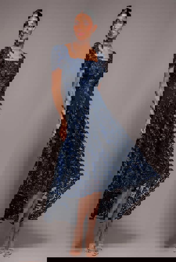 Scalloped Neck Embroidered Lace High Low Midi Dress - Navy Blue DR4265