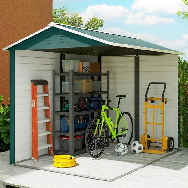 Green metal outdoor shed with open door and organizer storage for gardening tools