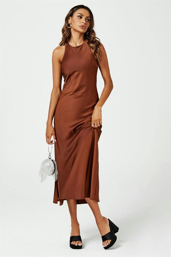 FS Collection Slim-Fit Satin Midi Dress In Brown