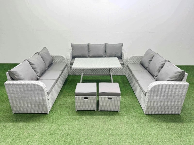 Fimous 11 Seat Outdoor PE Rattan Garden Furniture with Cushions 3 Seater Sofa 2 Small Stools Light Grey