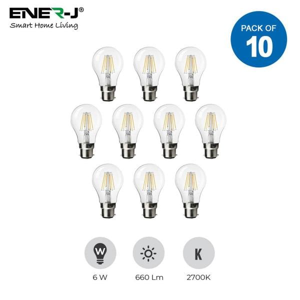 ENER-J Pack of 10 units, LED Classic B22 Bayonet Cap Light Bulbs, 6W Equivalent 60W, 660lm, Warm White 2700K, Filament Clear, Non Dimmable