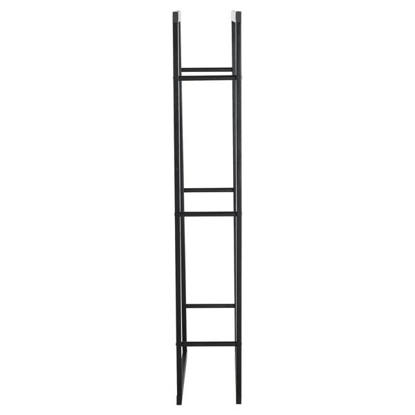 Tall black metal firewood log holder side view with vertical rails, open frame