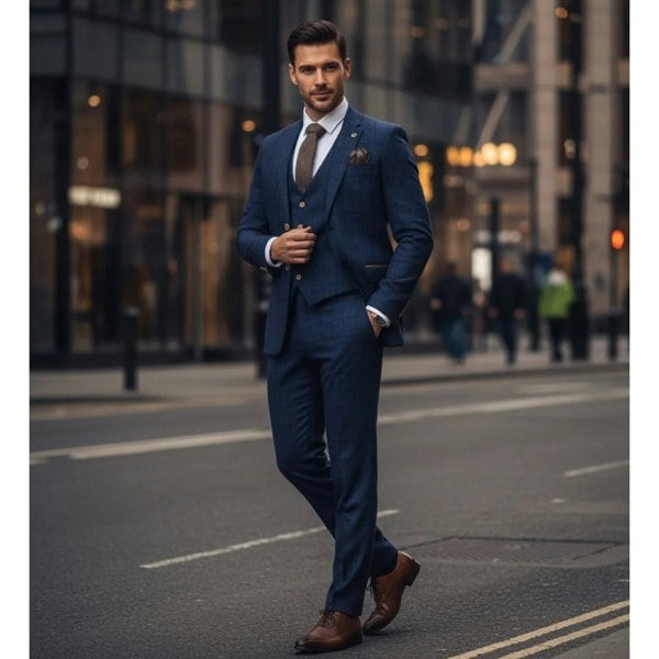 TruClothing IM11 - Men's Navy 3 Piece Plaid Check Suit