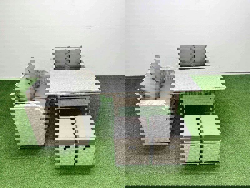 Fimous 6 Seater Outdoor Love Sofa Set Rattan Garden Furniture Set with Rectangular Dining Table 2 Small Stools Light Grey