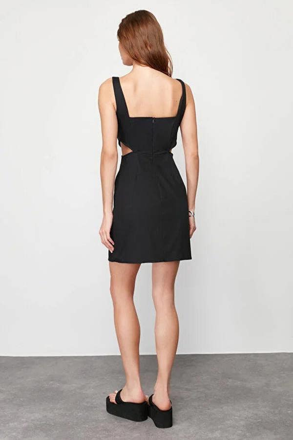 WOVCOR A-Line Mini Cotton Waist Cut-Out Square Neck Lined Woven Dress