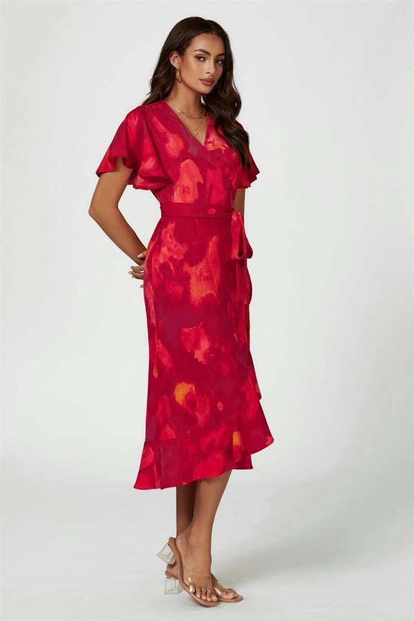FS Collection Abstract Print Angel Sleeve Wrap Midi Dress In Red