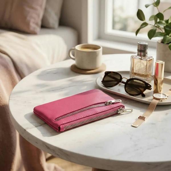 Pink wallet on a marble table with a cup, sunglasses, and perfume bottle.