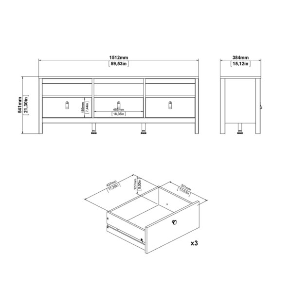 Wyld Haus Gossmere White Wooden TV Unit 3 Drawers Silver Handles