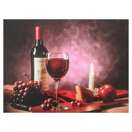Red Wine, Grapes & Candle Christmas Canvas Print with LED Flickering Lights, 40 x 30cm, Wooden Frame, Battery Powered