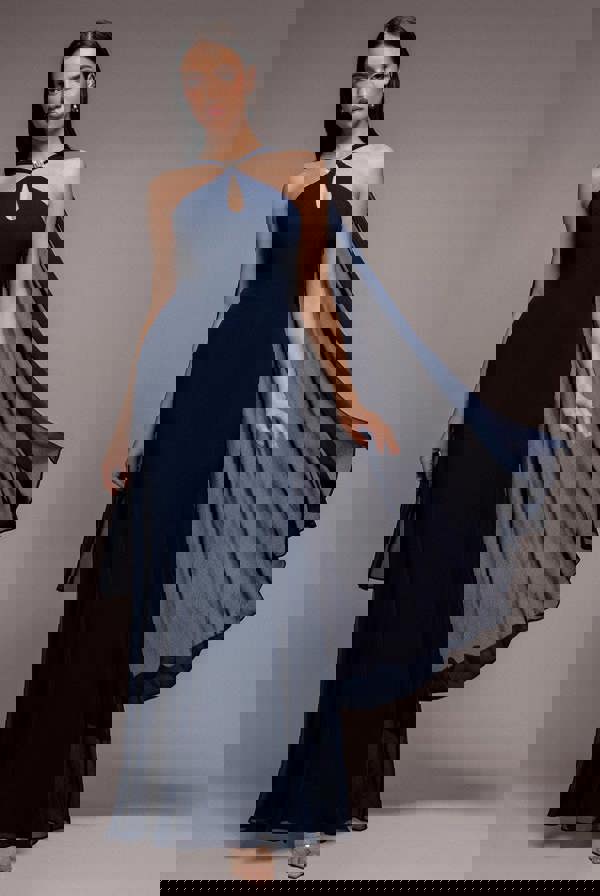 Multiway Cape Chiffon With Embellished Trim Maxi Dress - Navy Blue DR4924