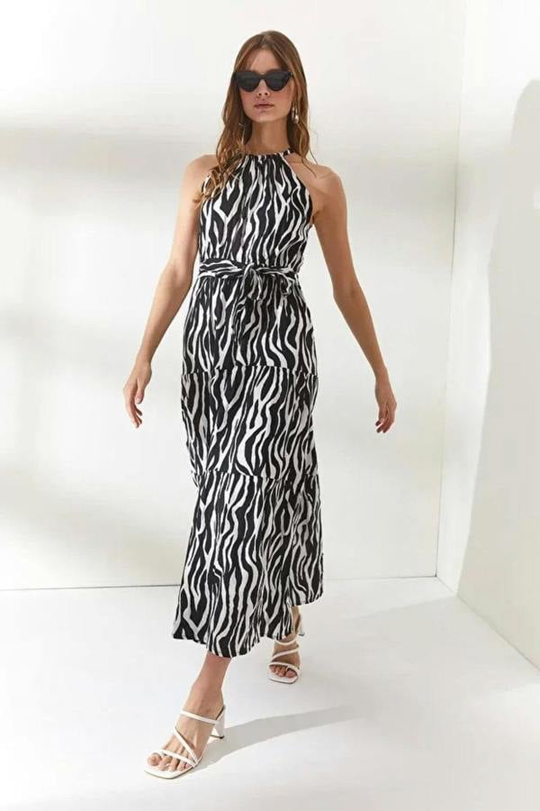 Hoxton Gal Halter Neck Belted Midi Dress