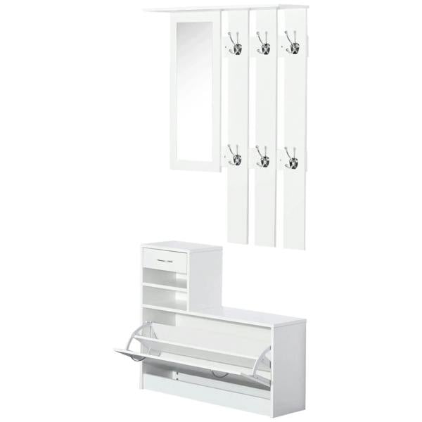 White entryway shoe storage cabinet with mirror, wall hooks, and open shelves