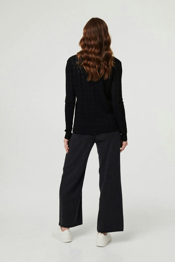 Black | Semi Sheer Heart Textured Slim Cardigan
