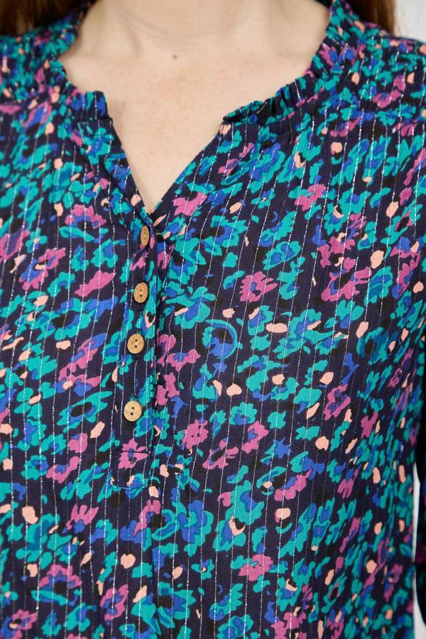 Mudflower Floral Printed Button-Up Blouse with Ruffle Detailing