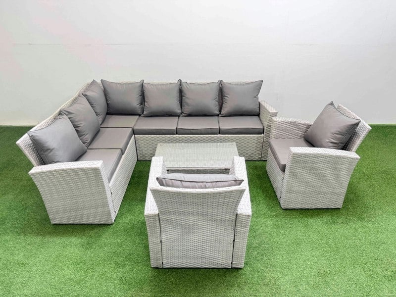 Fimous 8 Seater Garden Outdoor PE Rattan Furniture Set Rattan Garden Sofa Set with 2 Chair Light Grey Mixed