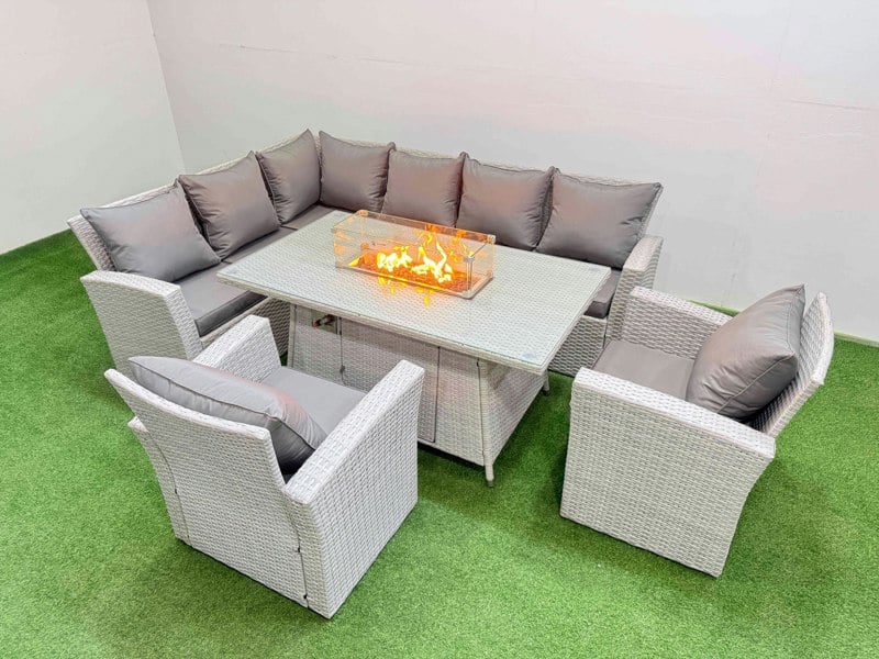 Fimous Rattan Corner Sofa Chair Set Outdoor Furniture Garden Dining Sets Gas Fire Pit Table with Temper Glass Light Grey Mixed