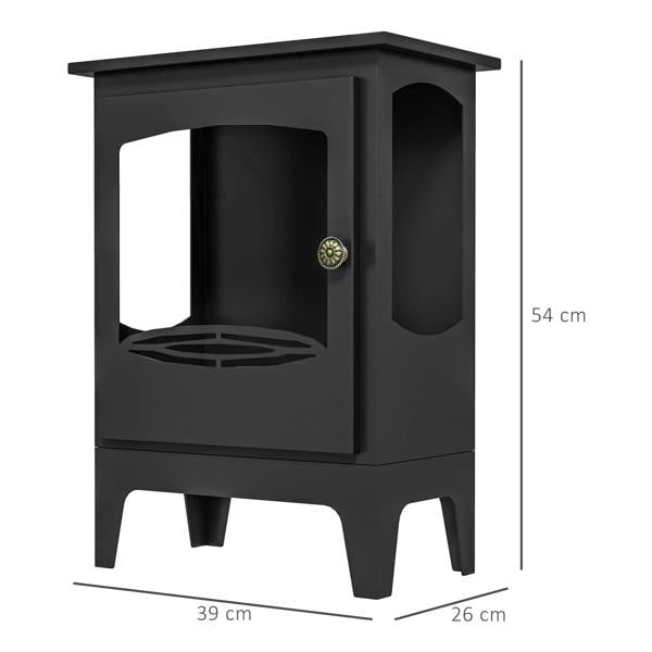 Black freestanding ethanol fireplace with side oval cutout and front flame window