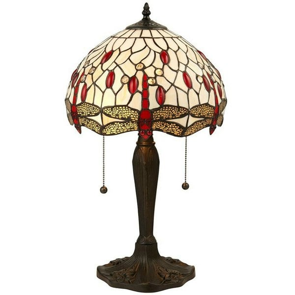 Tiffany Glass Table Lamp Light Dark Bronze & Cream Red Dragonfly Shade i00189 Loops