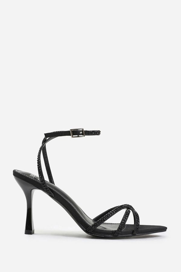 Where's That From Eben Wide Fit Cross Over Strap With Gem Detailing Heels in Black Satin