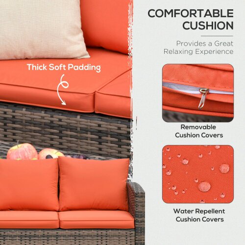 Wyld Haus Toleli Brown Rattan Orange Cushions 7 Seater Outdoor Sofa Set With Storage Tables