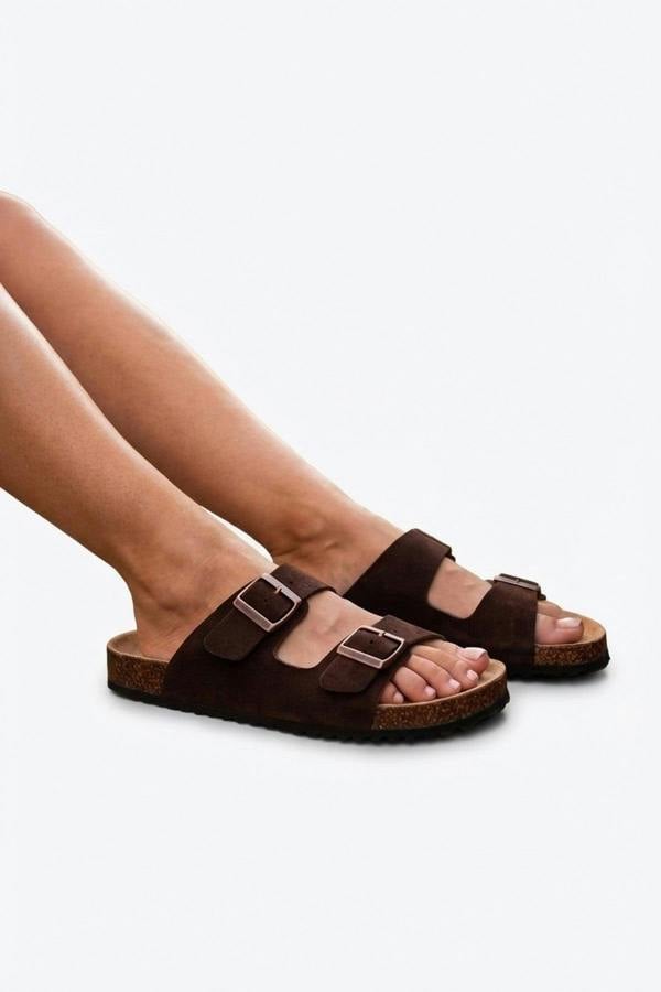 Harper Womens Double Buckle Cork Slide Sandals - BROWN_wb