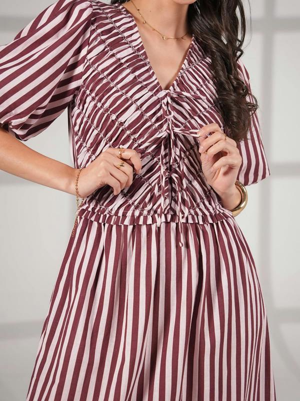 Rose & Nancy Isla Burgundy And Pink Stripe Cotton Linen Blend Dress