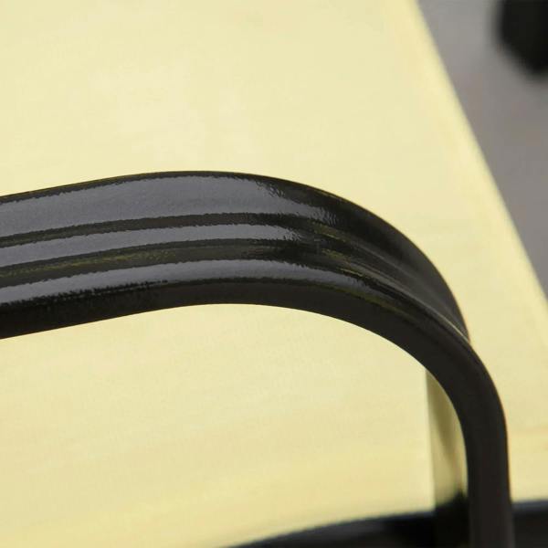 Black curved armrest frame on beige mesh chair seat, close-up