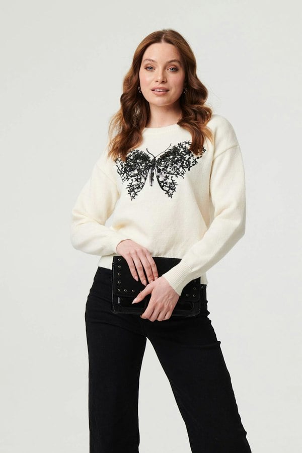 White | Sparkly Butterfly Detail Relaxed Jumper
