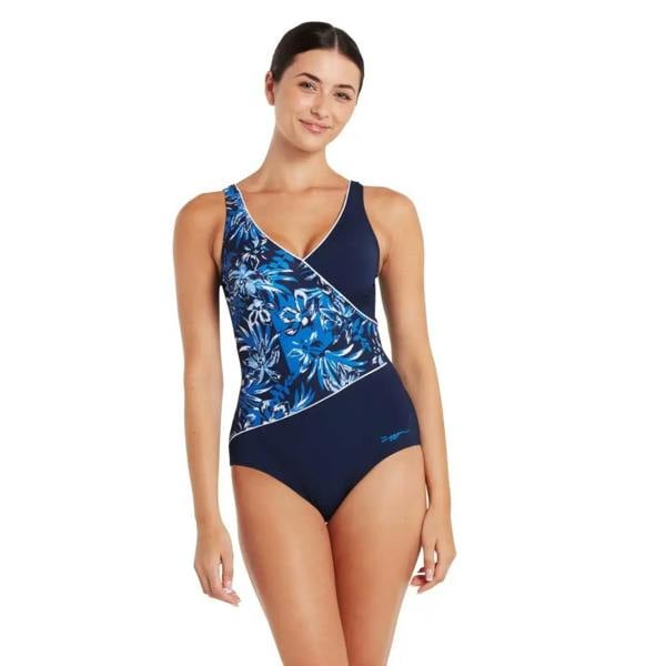 Zoggs Sapphire Wrap navy blue one-piece swimsuit with floral print