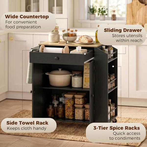 HOMCOM Kitchen Island with 3-Tier Spice Rack, Kitchen Cart with Towel Rack