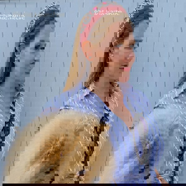 pink jewelled headband for summer worn by katie kalanchoe