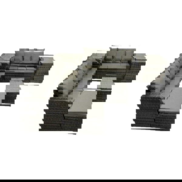 Fimous Rattan Garden Outdoor Furniture Set 3 Seater Sofa Square Coffee Table Set with Big Stool 2 Side Table Dark Grey Mixed