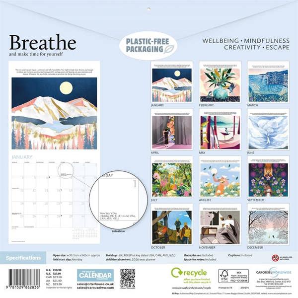 Breathe Calendar 2027, Wall Calendars, Month To View, Lifestyle, Gift