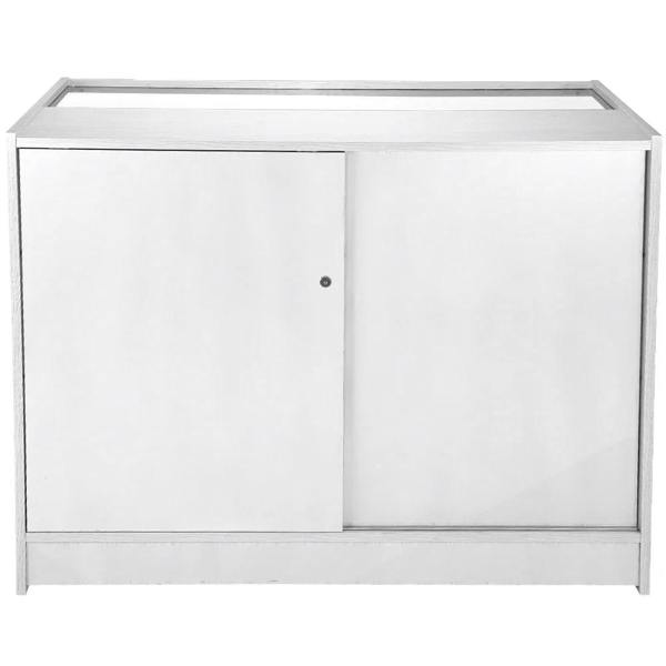 Brilliant white retail display counter with a sleek design, featuring a glass top and a single door for easy access and storage