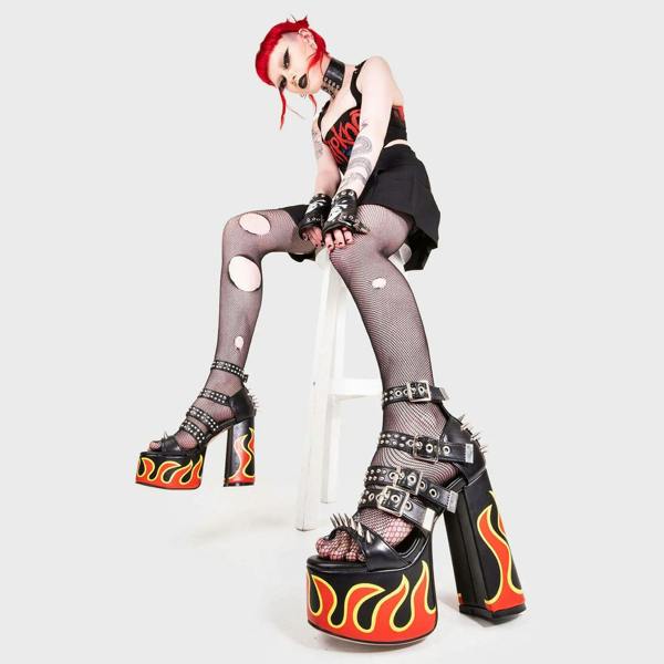 Lamoda Revin Black PU Flame Platform Sandals Chunky Gothic Festival Heels