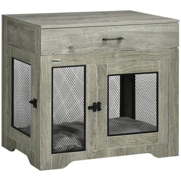 Grey dog cage end table with two mesh doors and top drawer, rectangular side view.
