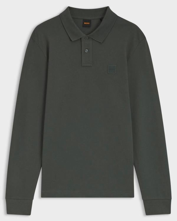 BOSS Orange Passerby Mens Long Sleeve Stretch - Cotton Polo Shirt with Logo Patch - Open Green 377 | CHO | Designer Mens Long Sleeve Polo Shirts