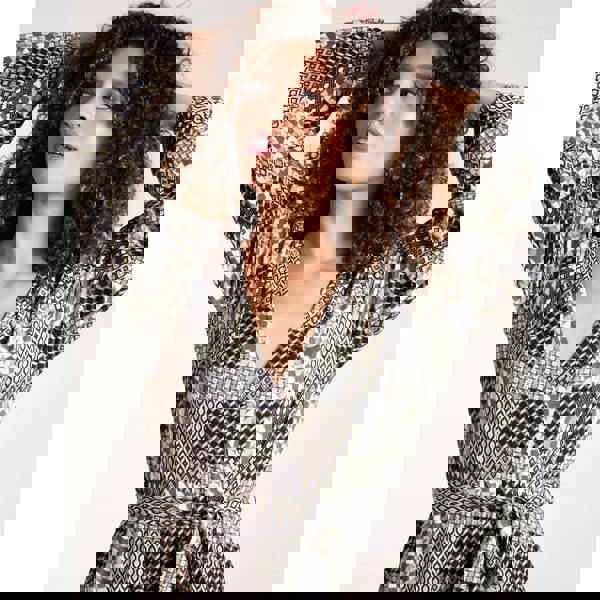 Blue Vanilla Geometric Wrap Front Belted Midi Dress