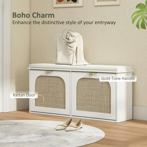 Wyld Haus Hano Wooden White Boho Style Shoe Bench With Cushioned Seat And 2 Flip Drawers