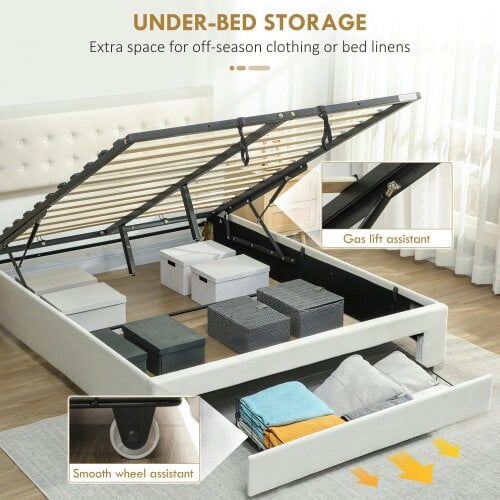 Wyld Haus Zina 5FT King Size Ottoman Bed Frame with Front Divan Drawer Storage Cream