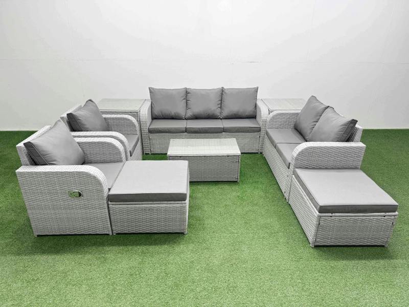 Fimous PE Rattan Garden Furniture Adjustable Chair Sofa, Double Love Seat, 2 Seater Lounge, Coffee Table, 2 Big Footstool & 2 Side Tables, Light Grey