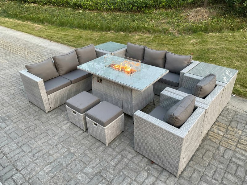 Fimous Rattan Outdoor Garden Furniture Set with Gas Fire Pit Table, 2 Sofas, 2 Side Tables, 2 Chairs, 2 Foot Stools - 10 Seater - Light Grey