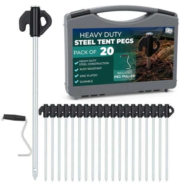 Adventure Peaks Steel Tent Pegs - Set of 20 Zinc Plated Metal Ground Pegs with Peg Puller, Strong Camping & Gazebo Pegs