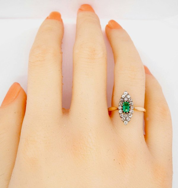 Vintage Tom An Edwardian marquise cluster emerald and diamond ring-