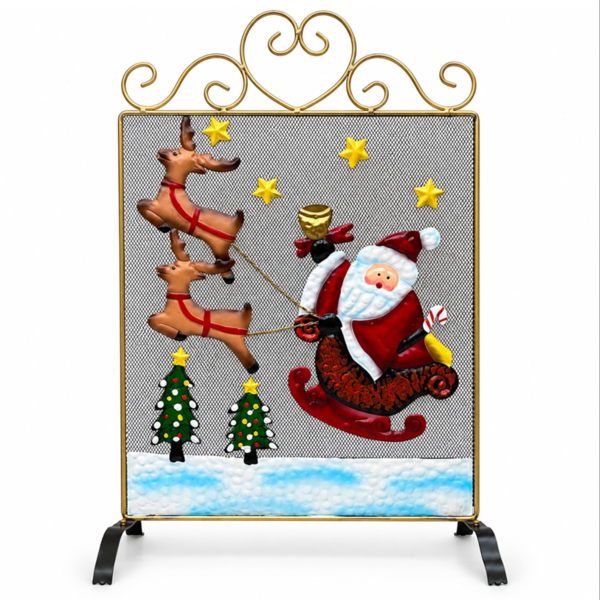 Santa & Reindeer Metal Fireplace Screen, Free-Standing Steel Fire Guard with Decorative Scroll Top, 60cm Indoor Christmas Decor