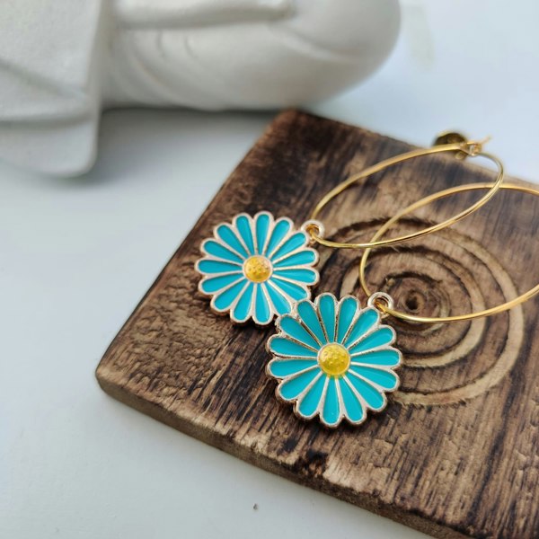 The Colourful Aura Multicolour Sunflower Charm Boho 30mm Floral Dangle Dainty Hoop Earrings