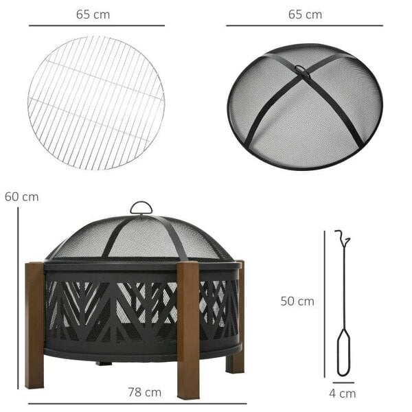 Bobobiy Metal Large Firepit Bowl Outdoor 2-In-1 Round Fire Pit Brazier with Lid, BBQ Grill, Poker for Backyard, 78 x 60cm, Black, 78 x 78 x 60cm