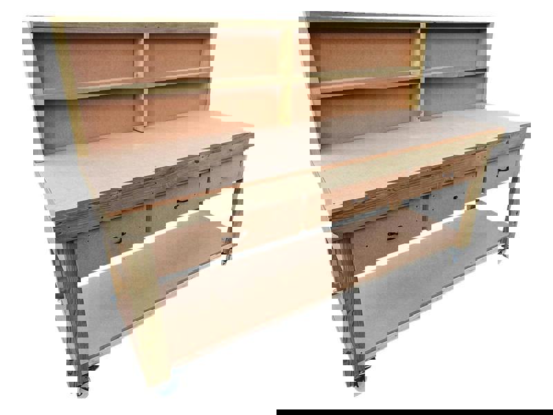 Wooden MDF Top Workbench – Mobile Tool Cabinet with Drawers, Back Panel and wheels, Ideal for Dry Indoor Spaces Such as Garages, Workshops, and Studios.